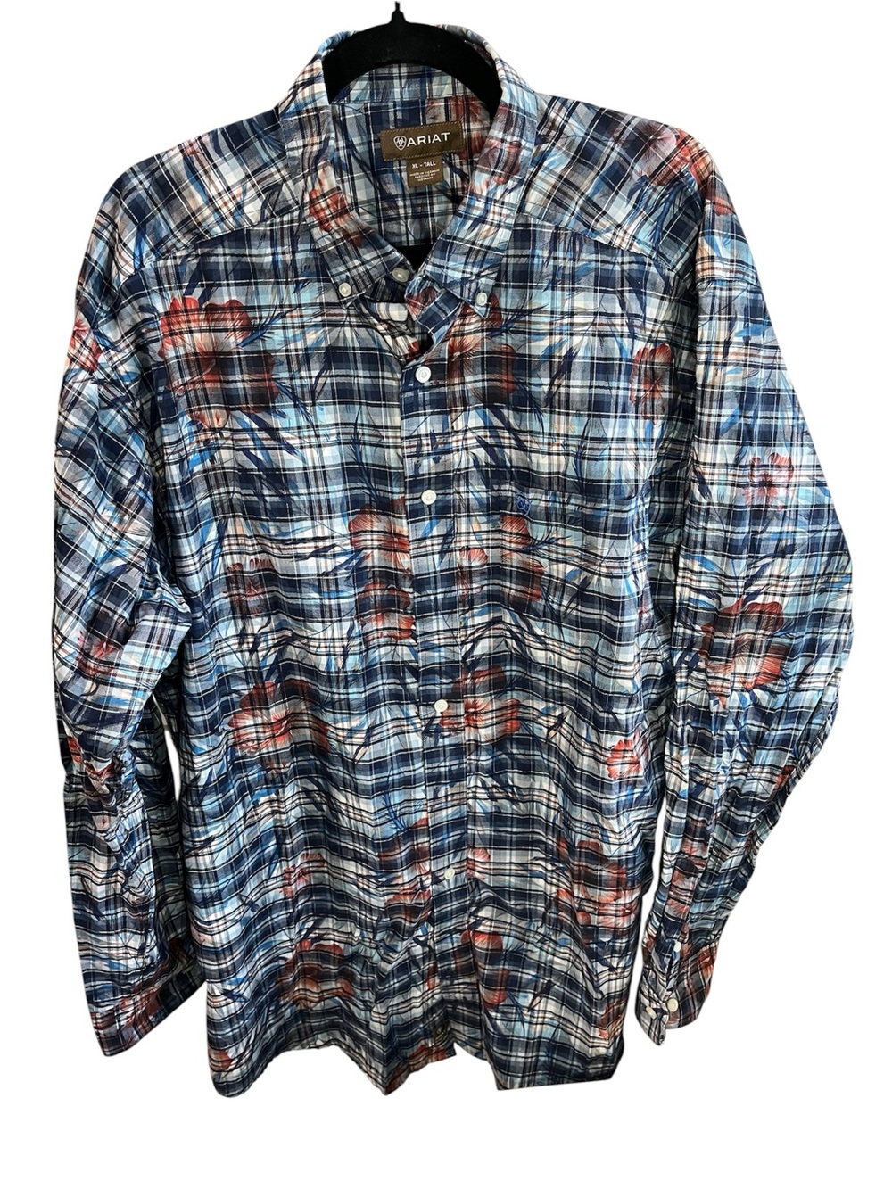 Ariat Men’s August Floral Print Plaid blue Red Long Sleeve Shirt Size XL Tall